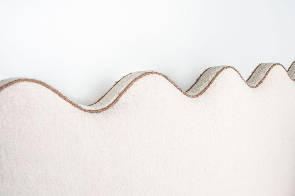 Close up of headboard of Evie Bed with Scallop headboard in cream by Rue and Williams Customize your fabric and size easily an alternative to Bob Williams Mitchell God