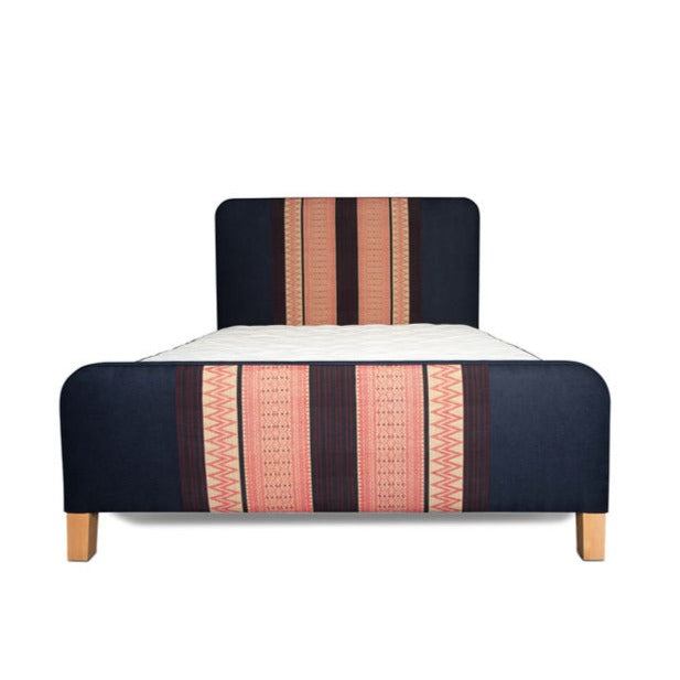 Front view of colorful pattern bed in plum and rose colors Lyla Bed by Rue and Williams Customize your fabric and size easily an alternative to Bob Williams Mitchell God