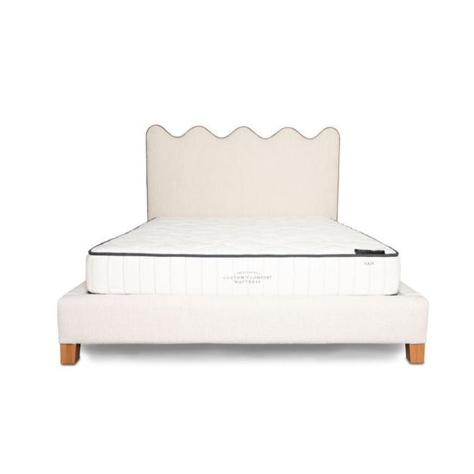 Front view with matress of Evie Bed with Scallop headboard in cream by Rue and Williams Customize your fabric and size easily an alternative to Bob Williams Mitchell God