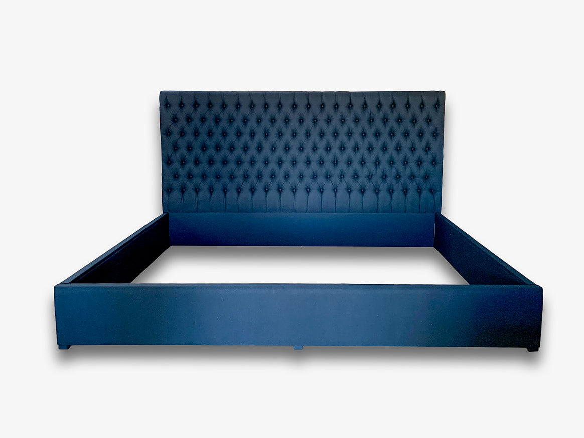 Rue and Williams custom bed in blue velvet with tufting alternative to Bob Williams and Mitchell Gold