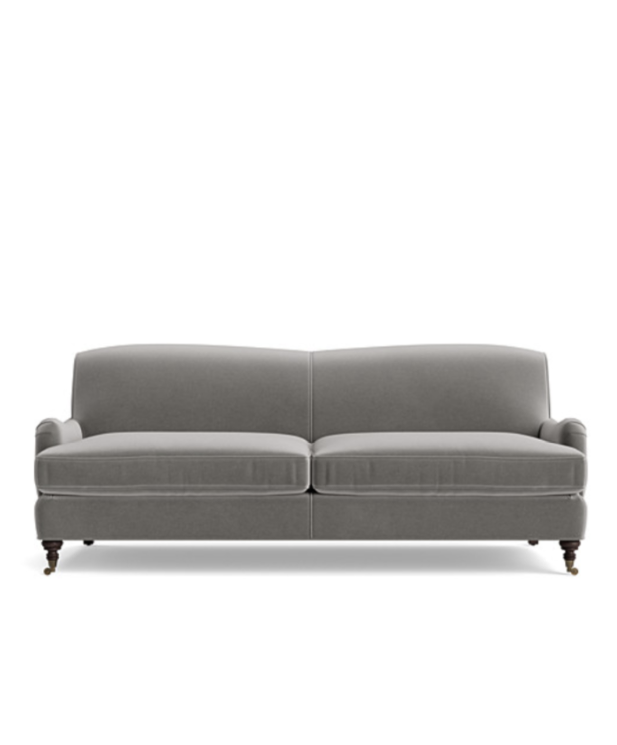 Taupe Spencer Sofa with Two Seats by Rue and Williams Home. Tailored classic sofa with timeless, clean lines, English rolled arms, and turned legs. Can be customized as a sofa, loveseat, or chair. Upholstered in soft velvet.