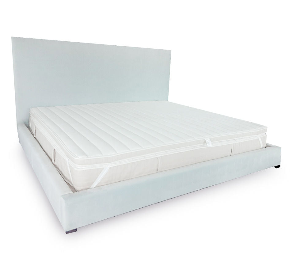 Light blue velvet custom bed by Rue & Williams