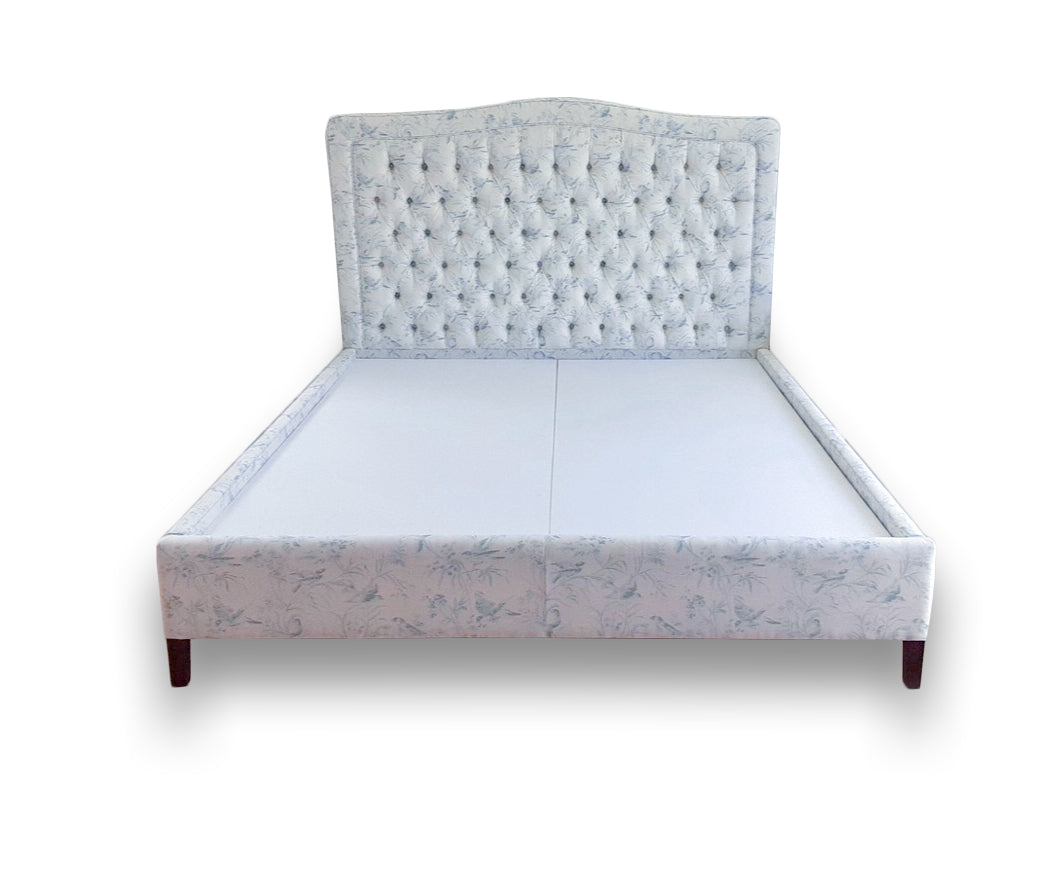 Rue and Williams custom bed with florall fabric and tufting an alternative to Bob Williams and Mitchell Gold
